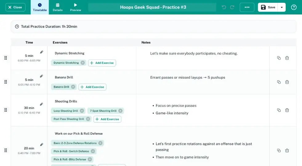 Practice Planner &mdash; interactive practice plan with drills, plays, videos and voice memos